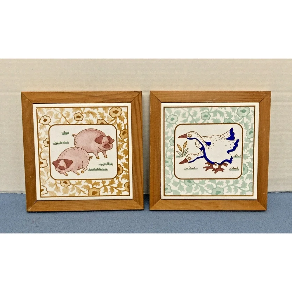 Farmhouse Decor Framed Whimsical Animal Painted Tiles - Set of 2: 1 Pigs 1 Ducks